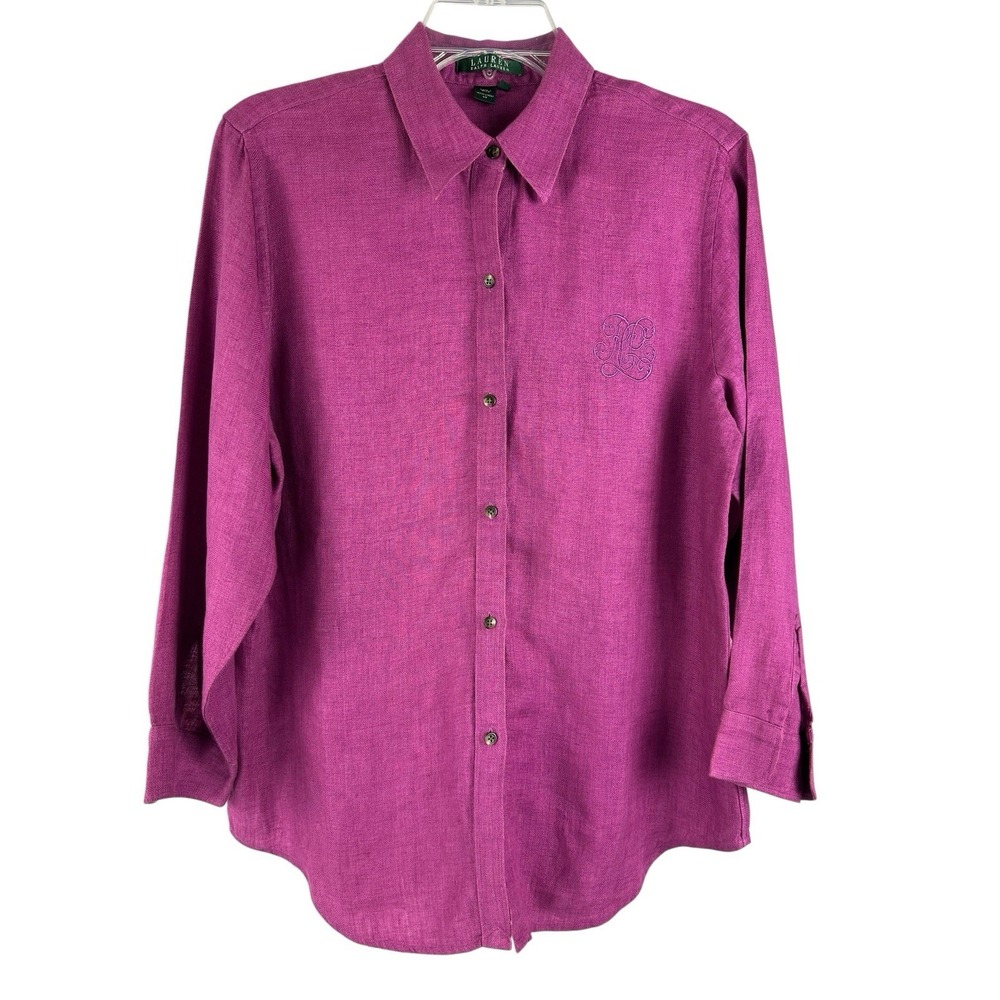 Ralph Lauren 100% Linen Womens Shirt M Embroidered Logo Preppy Resort Old Money